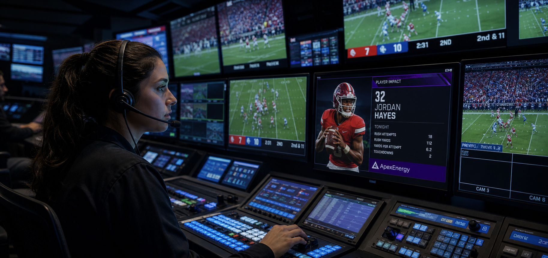 A cinematic view from behind the shoulder of an operator in a dark stadium control room. A wall of large screens displays a live football game between generic red and blue teams, alongside a real-time player stat graphic carrying a fictional ApexEnergy sponsor mark. A young woman with a headset sits in the foreground, her face illuminated by her monitor as she concentrates on the glowing console in front of her. The lighting is moody, with cool blue and violet glows from the equipment, emphasizing the high-stakes, high-tech environment of live game-day production for a venue's videoboard.