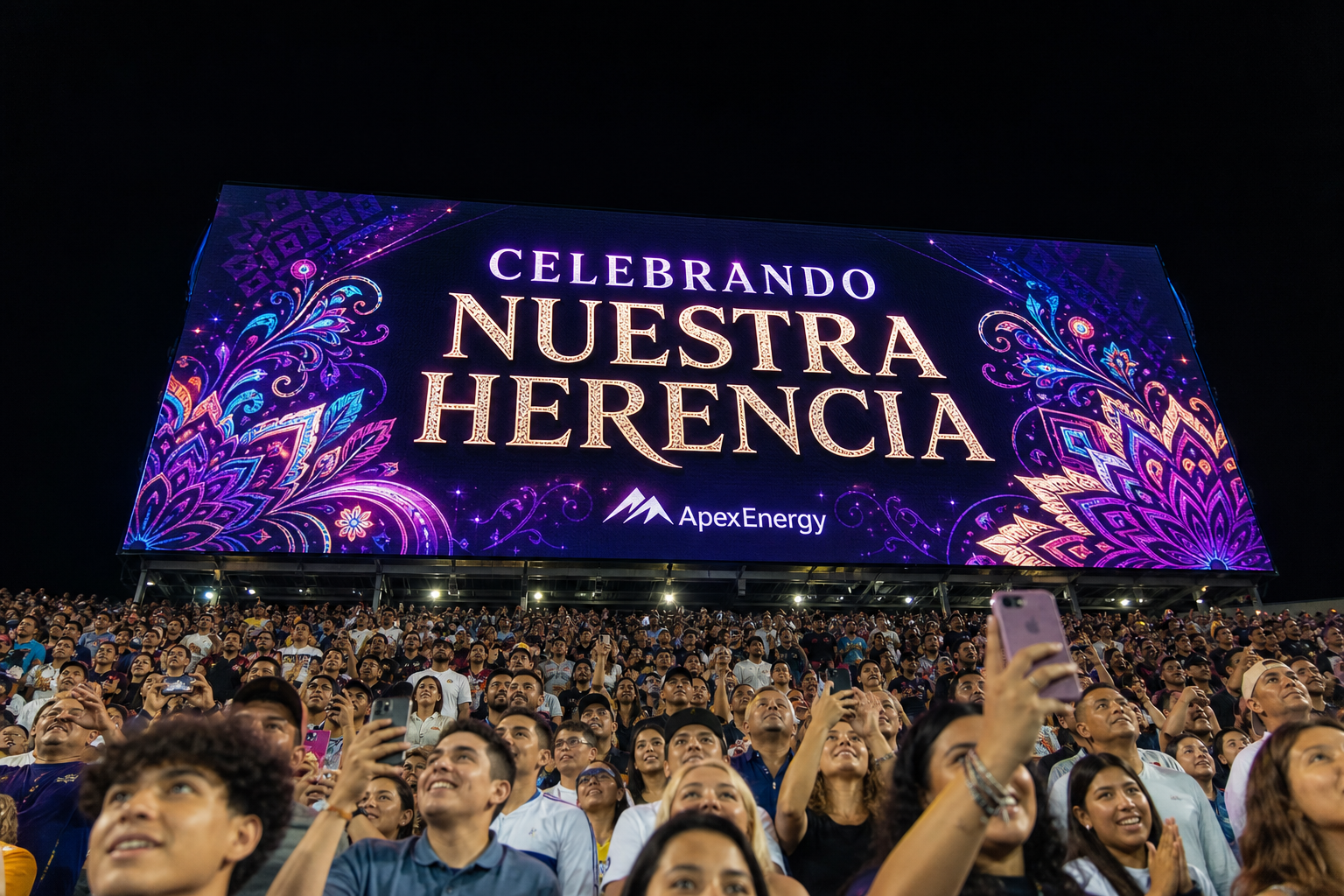 A low-angle view from the stands of a packed college stadium at night, looking up at a massive jumbotron. The board fills the frame with a Hispanic Heritage Month graphic reading CELEBRANDO NUESTRA HERENCIA in elegant type, framed by ornate floral and geometric patterning in purple, magenta and gold, with a small ApexEnergy sponsor mark beneath. The bright display lights the faces of a diverse crowd below, many looking up and some raising phones to photograph the moment.