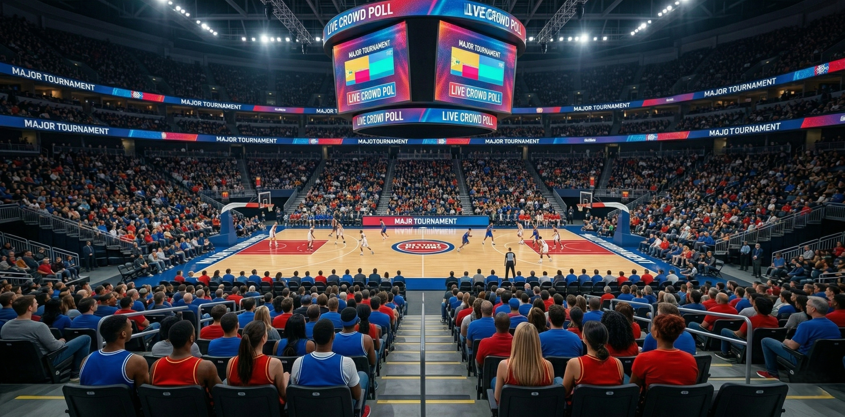 A wide-angle view of a packed basketball arena. In the foreground, a diverse crowd of fans wearing rival blue and red team colors sit side-by-side in the stands. They are all looking up in unison at a massive, center-hung videoboard displaying a 