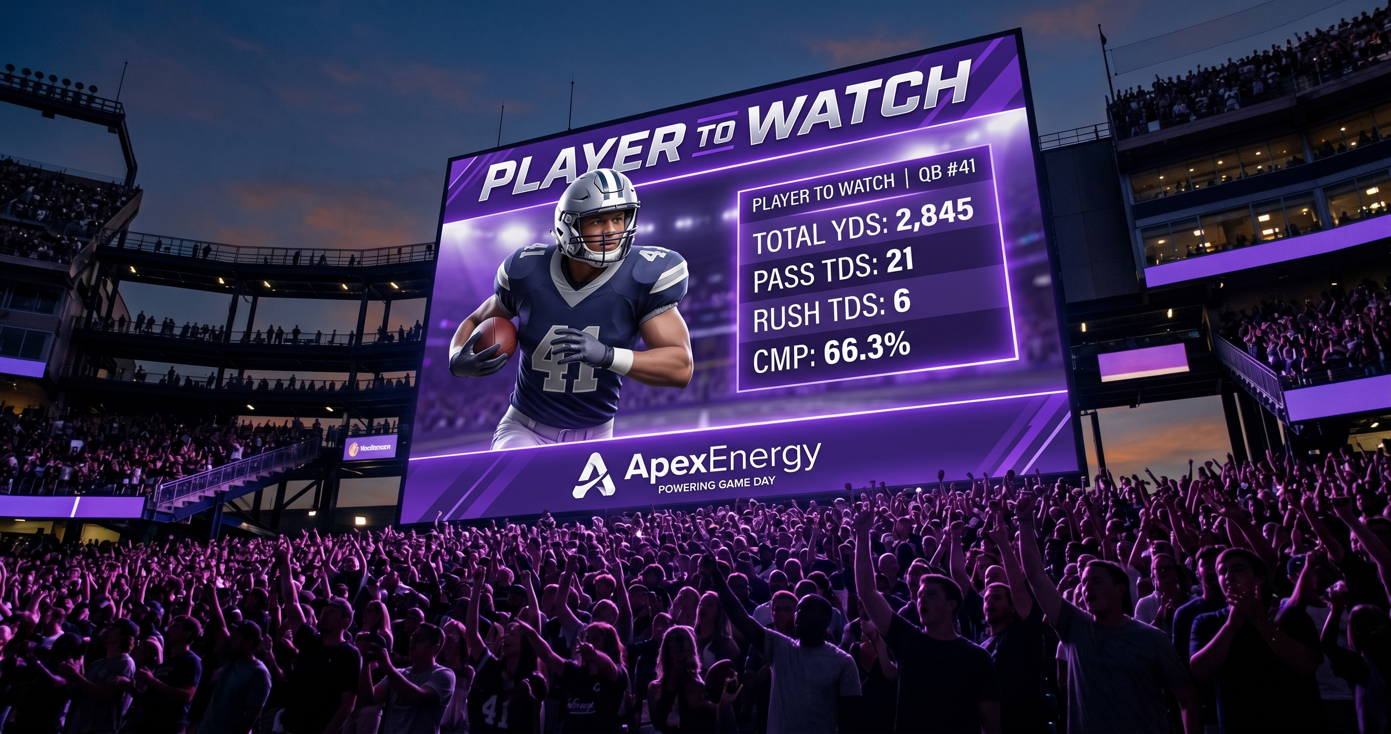 A low-angle, cinematic photograph of a massive jumbotron in a packed football stadium at night. The screen displays a 