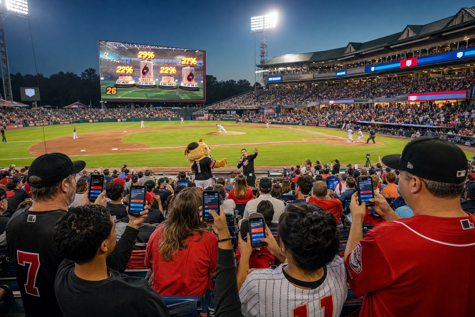 Baseball stadium crowd using phones to vote on the videoboard’s Pick the Song fan poll, with BOLTZ energy drink cans showing live vote percentages for four song choices.