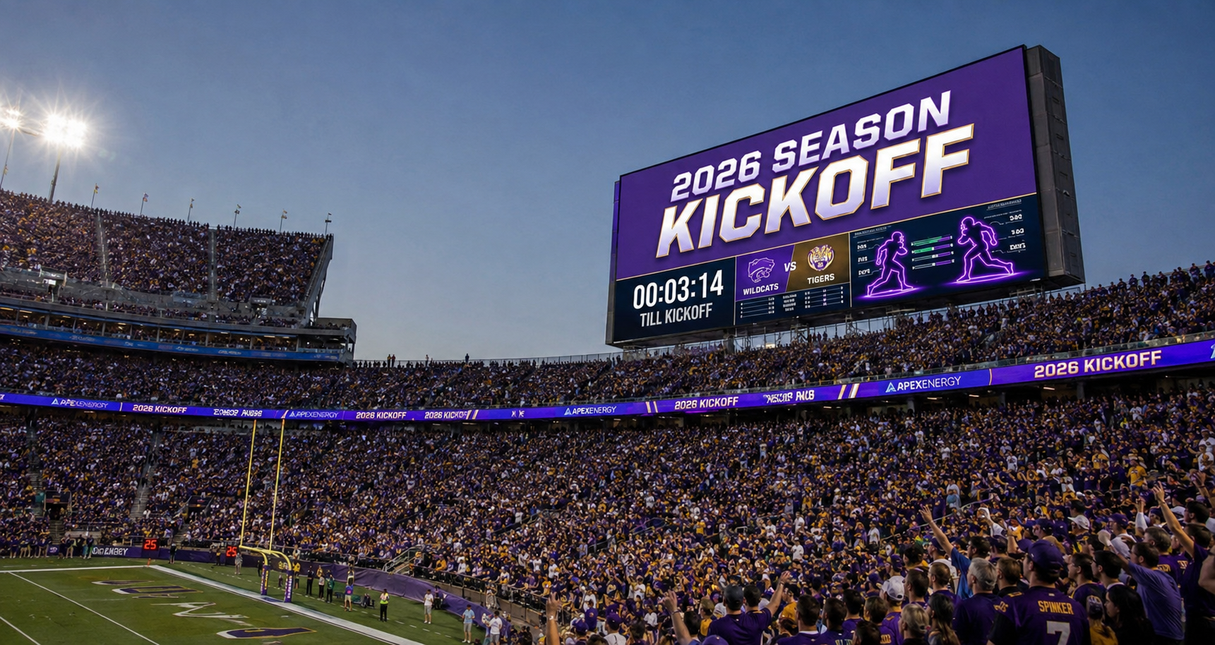 	A low-angle, cinematic photograph of a massive jumbotron in a college football stadium at dusk. The screen displays a vibrant 