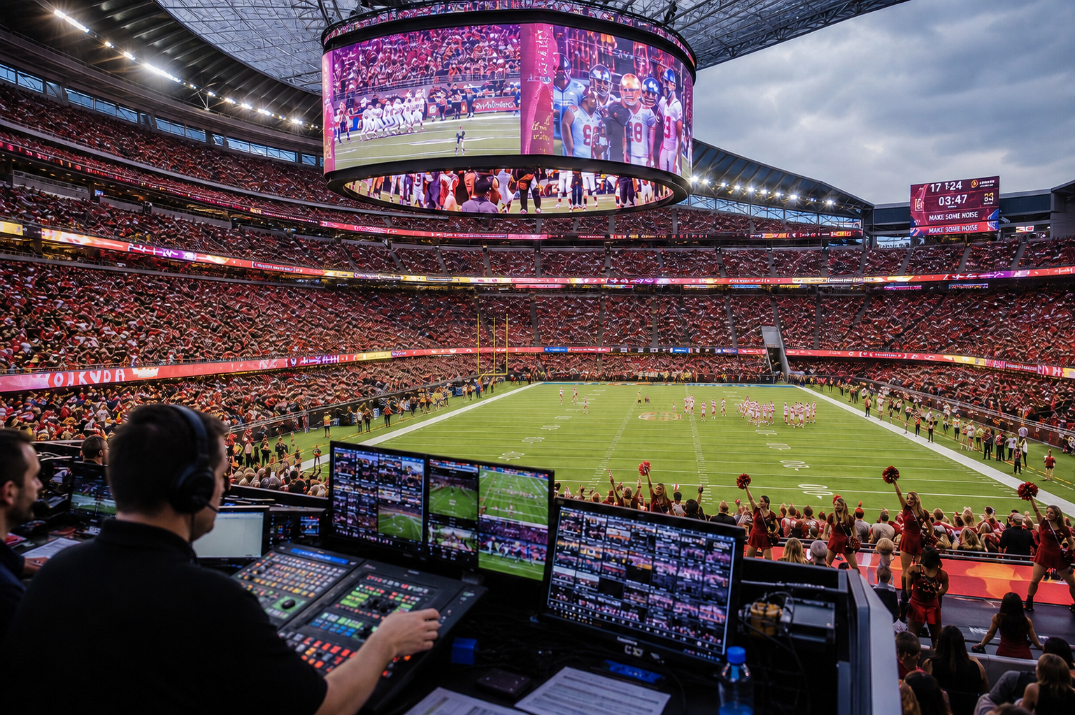 College football stadium videoboard showing real-time graphics and live game highlights on game day