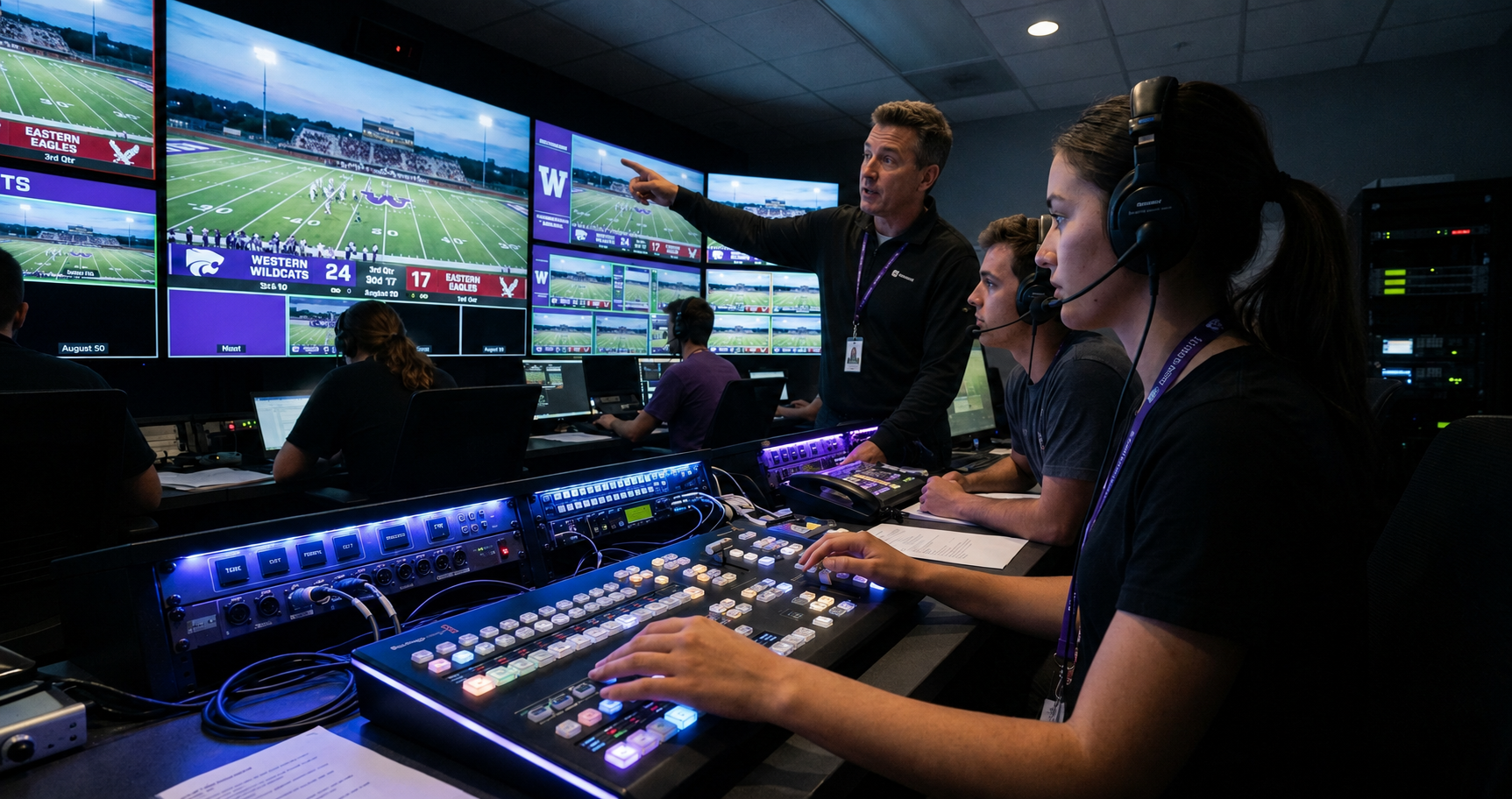 A broadcast production control room where a teacher stands beside the operator consoles, pointing toward a wall of live sports feeds while explaining the production workflow to a group of students wearing headsets. Students are seated at professional video switchers and monitoring equipment, watching the instructor and the large display wall showing multiple football game camera angles, scoreboards, and broadcast graphics. The room is dimly lit with glowing control panels, computer monitors, and equipment racks, creating a hands-on classroom environment for live sports production training.