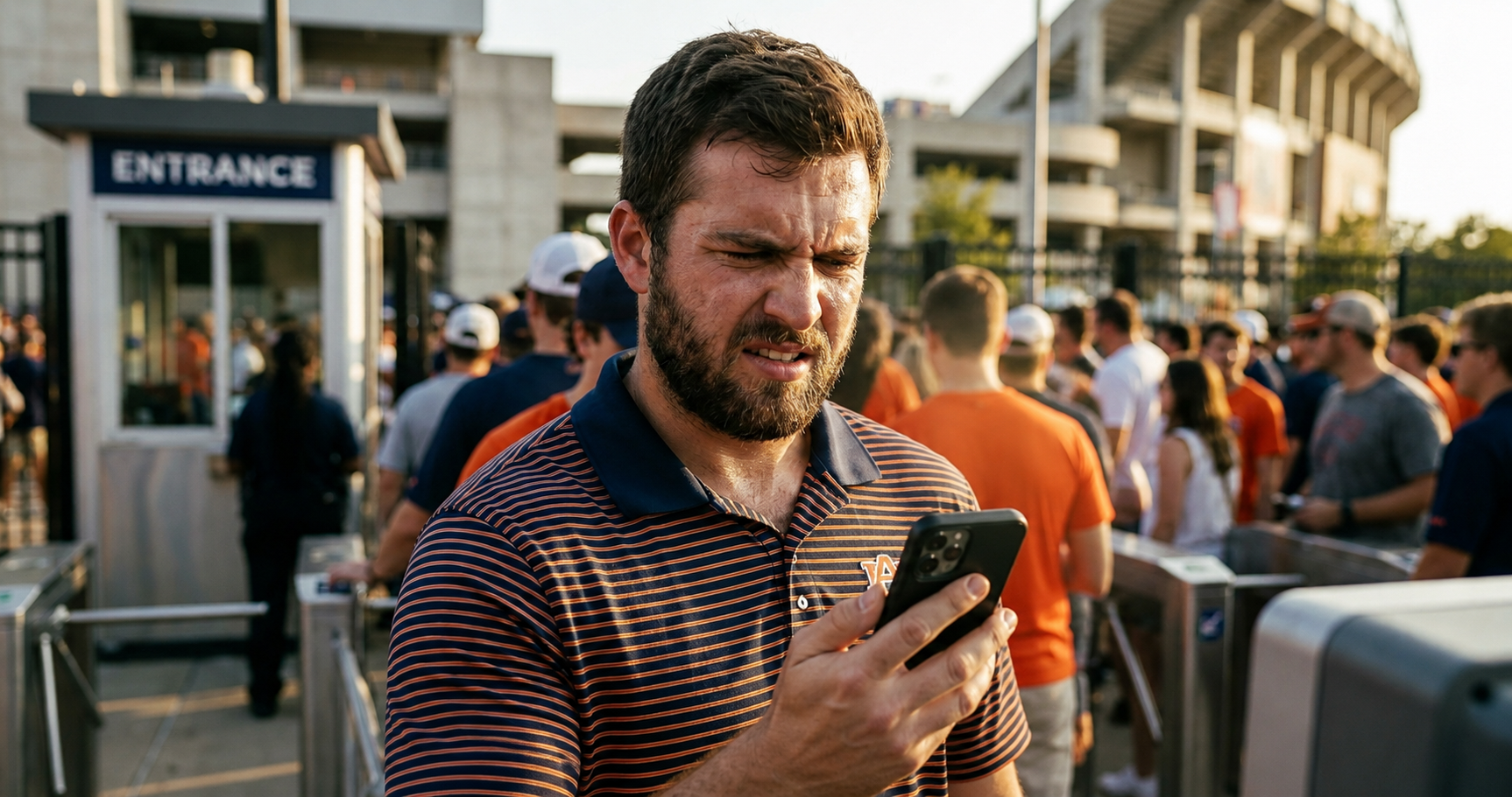 A close-up, photorealistic image captures a moment of fan frustration outside a stadium. A young man squints in the bright afternoon sun, his face etched with annoyance as he struggles to get his smartphone to scan. The glare on the screen obscures his digital ticket. In the background, a long, blurry line of other fans waits to enter, highlighting the problem of entry friction at live sports events. The photo's tight focus on the fan’s expression effectively conveys the stress of a poor gameday arrival experience.