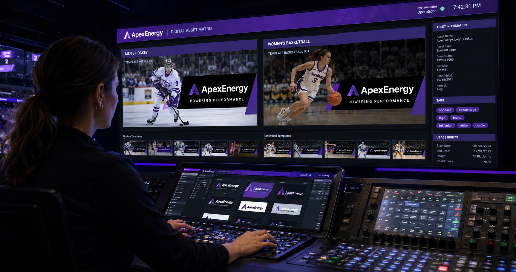 A woman operates a broadcast control console in a dark, modern sports venue control room illuminated by blue and purple lighting. A large video wall displays a digital asset management interface featuring 