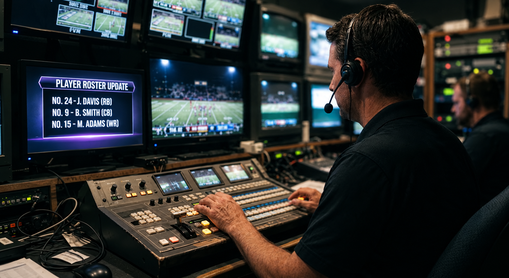 A male production operator, viewed from behind, wears a black headset with a microphone and operates a large video mixing console. His right hand is on the faders and buttons. The background is a wall of monitors showing live American football game action and production graphics. One prominent monitor on the right displays 