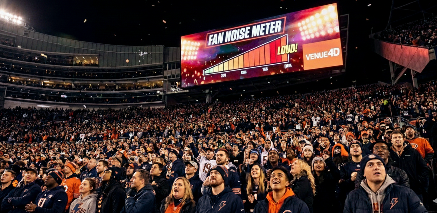 A wide shot from within a massive stadium crowd at night, looking up towards the giant, glowing jumbotron. The diverse fans are cheering with excitement, their faces lit by the screen, which displays a colorful and dynamic 