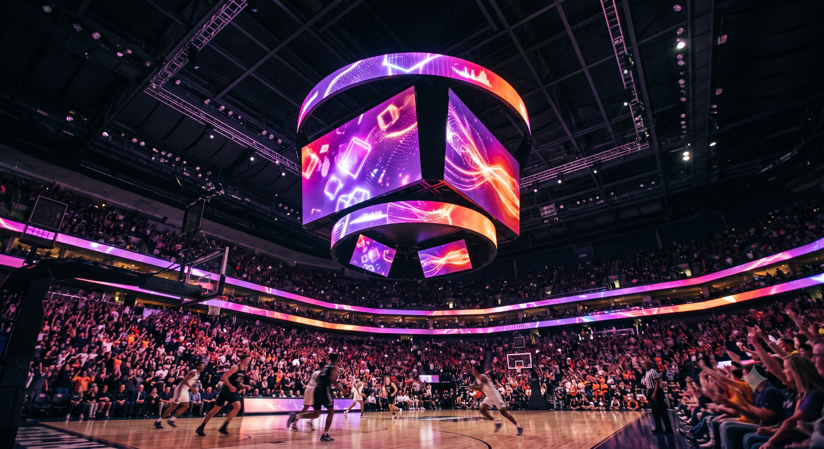A packed college basketball arena mid-game, with a center-hung scoreboard displaying vibrant purple, magenta, and orange 3D real-time graphics and data visualizations, illustrating real-time graphics technology for sports venues.
