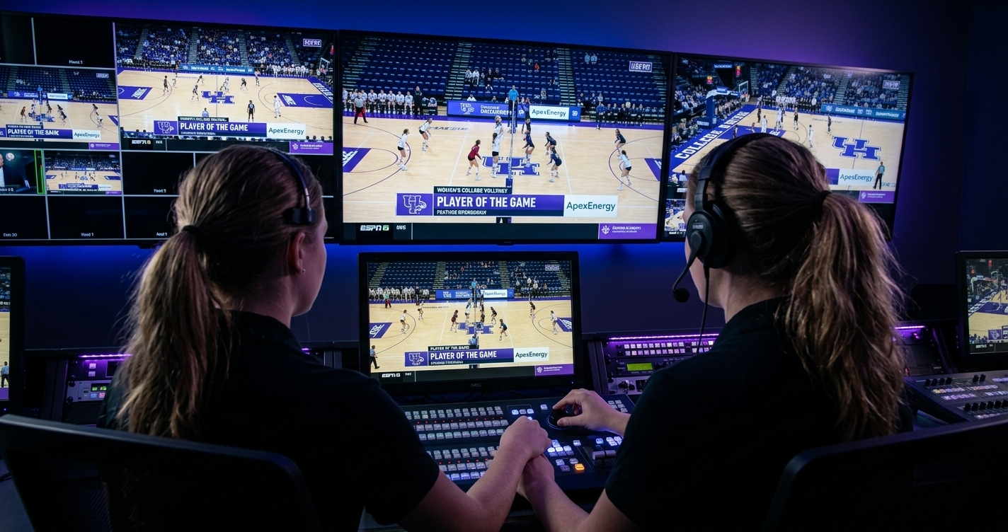 A cinematic view from behind an operator in a dark, modern sports venue control room. The operator is focused on a glowing console, while a large wall of screens displays live events. The main screen shows a women's volleyball game with professional graphics, and an adjacent screen shows a men's basketball game with the same high quality. This image visually represents the concept of centralized technology ensuring equitable production resources for both men's and women's sports, a key theme of Title IX compliance in the digital age.