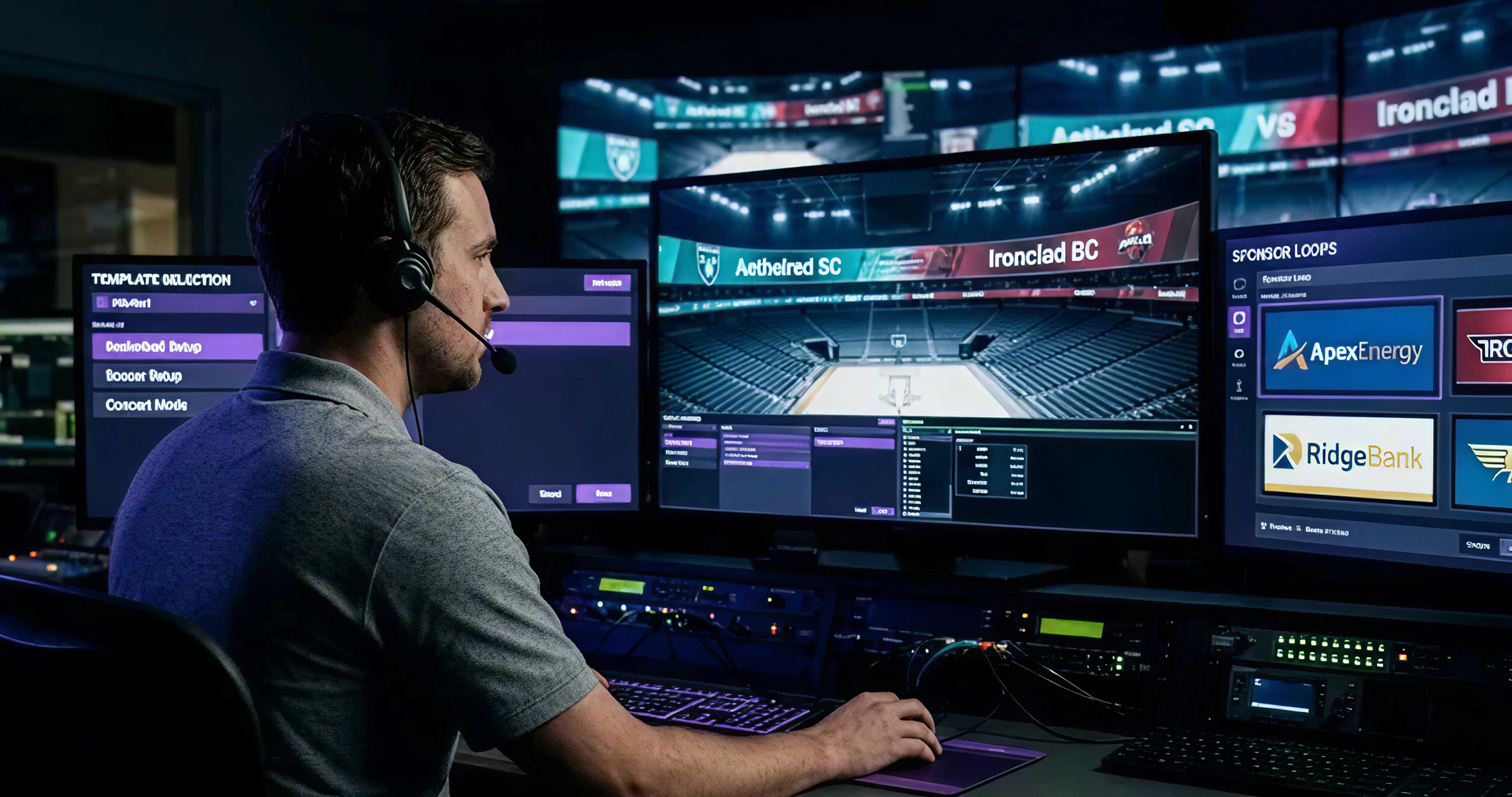 A behind-the-shoulder view of a male operator in a dark, high-tech control room. He is looking at a large wall of video screens that show a sports venue's digital branding being changed. Some screens display teal and silver graphics for a soccer team, while others are transitioning to crimson and charcoal graphics for a basketball team. The user interfaces on the screens feature deep violet accents. The room is bathed in the cool, blue light from the monitors, creating a focused and modern atmosphere. Fictional sponsor names like 