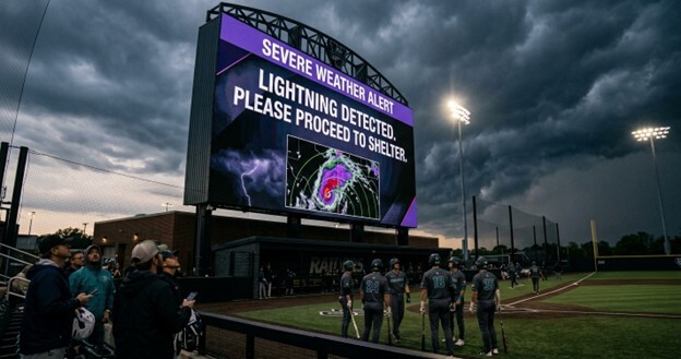 A low-angle photo of a massive jumbotron in a college baseball stadium under a dark, stormy sky at dusk. The screen displays a 