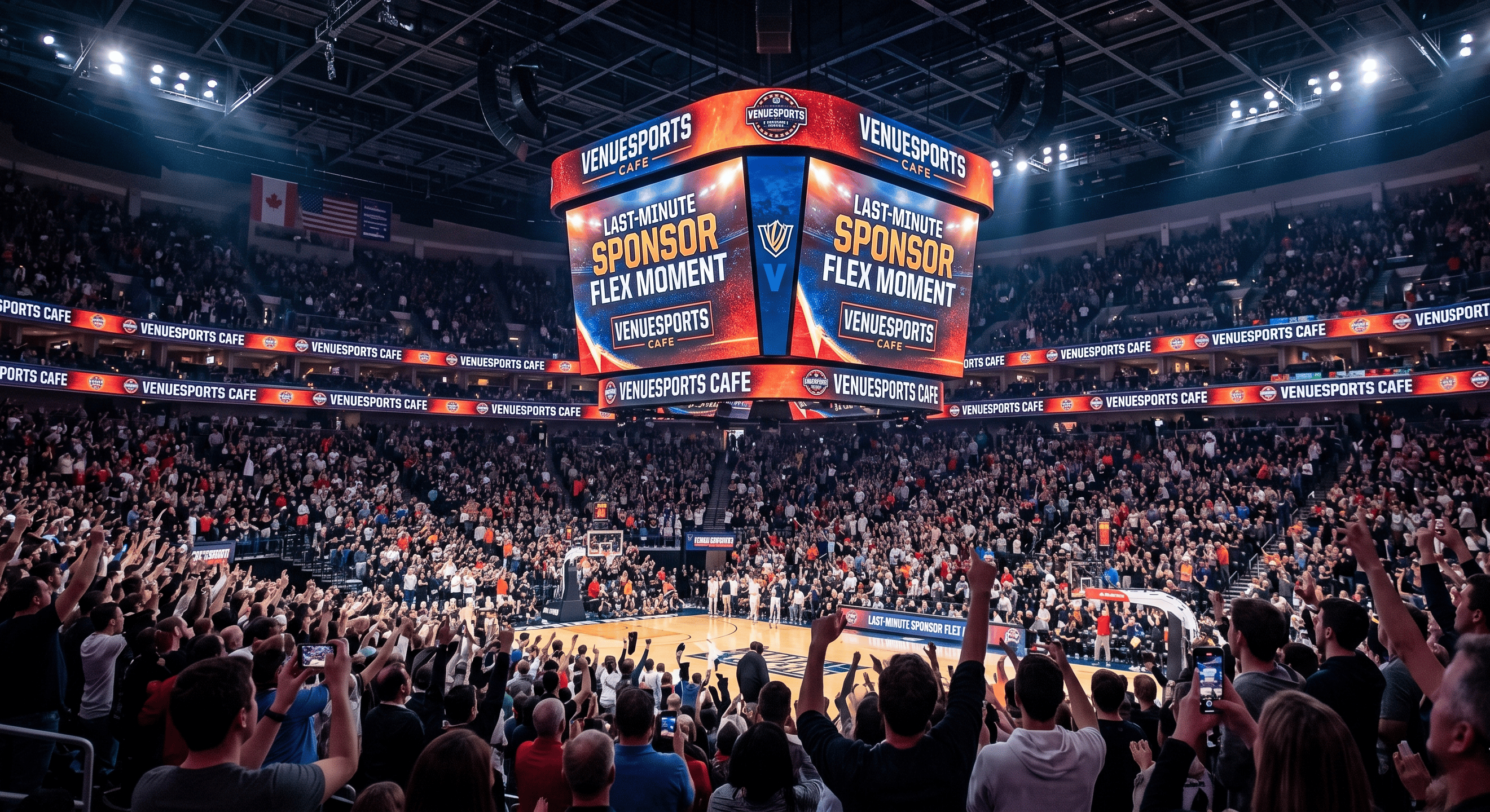 A large, crowded indoor sports arena, likely for basketball, filled with a massive audience cheering with their arms raised. A giant, multi-sided LED jumbotron hangs from the center of the ceiling, prominently displaying the text 