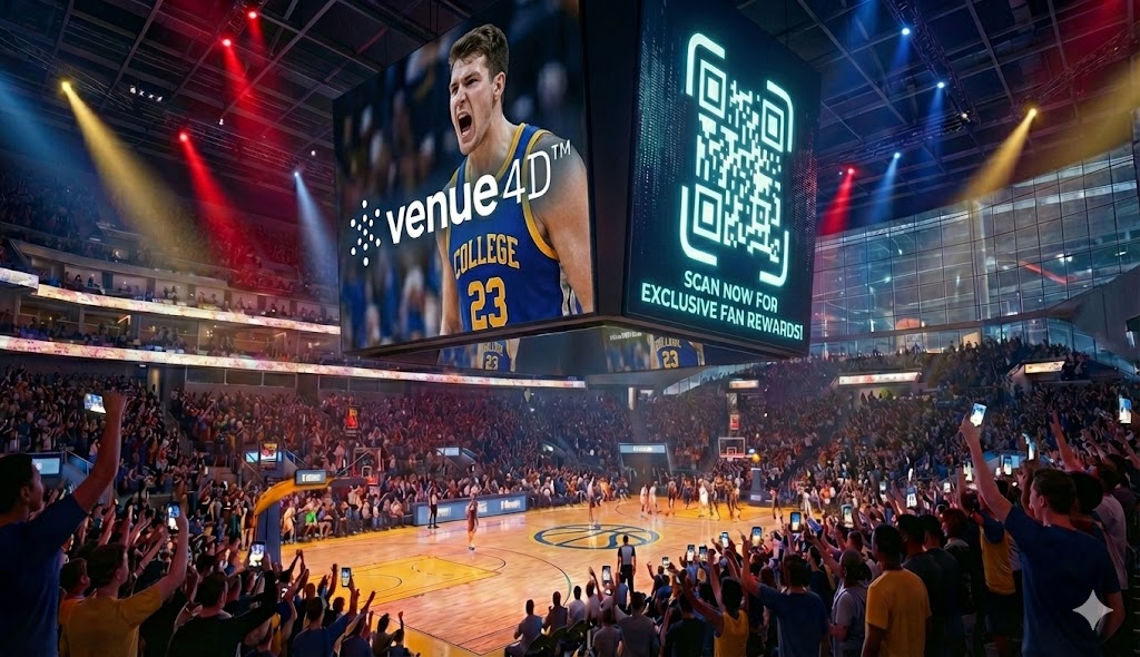A wide-angle view inside a packed basketball arena during a game, with dramatic red, blue, and gold lighting. The massive center-hung scoreboard is the focal point, split into two screens. The left screen shows a large photo of a screaming basketball player in a 