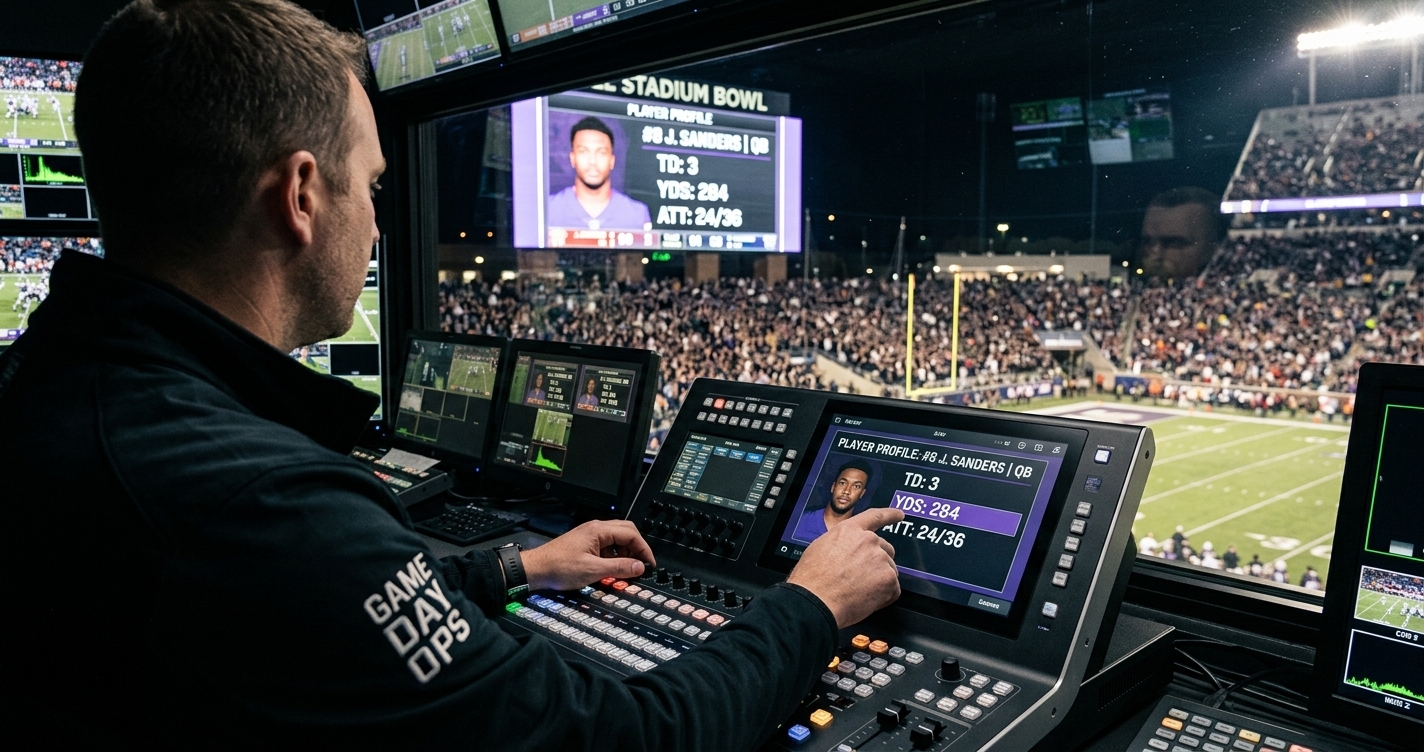 A game-day production operator's hands on a broadcast video switcher, adjusting controls while a stadium jumbotron graphic displaying a player profile and stats plays on a monitor in the dark control room.
