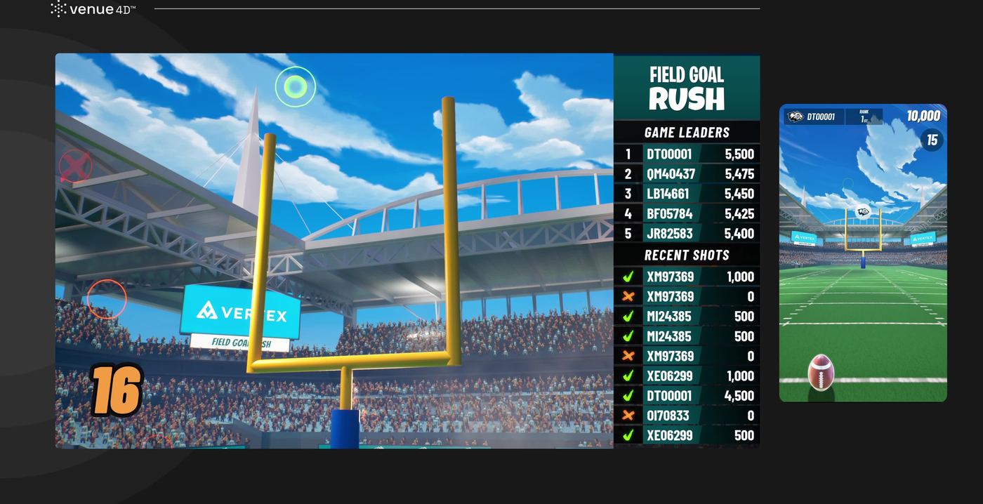 venue4D Field Goal Rush on a college videoboard