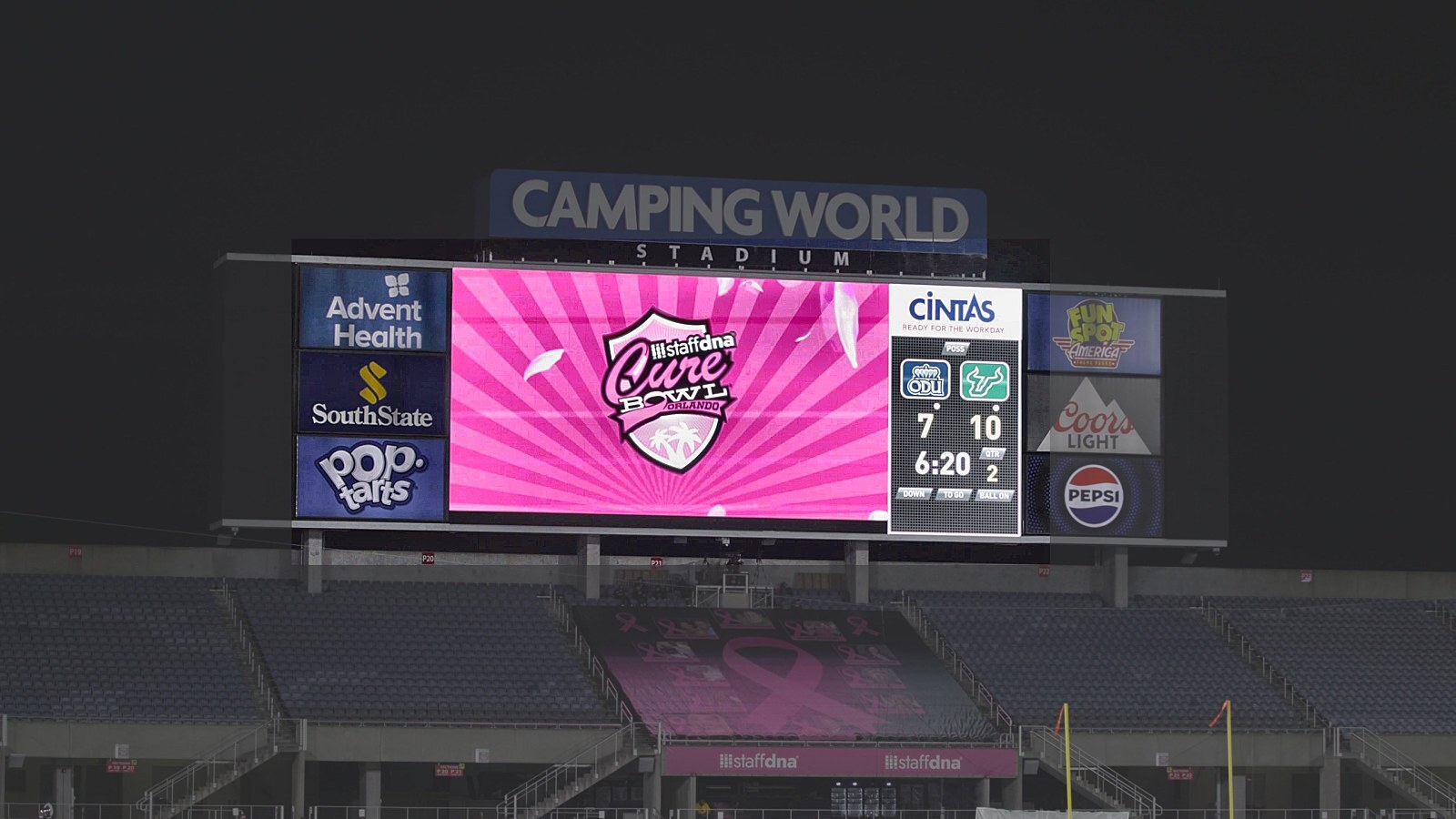 The StaffDNA Cure Bowl identity rendered live on the main board at Camping World Stadium