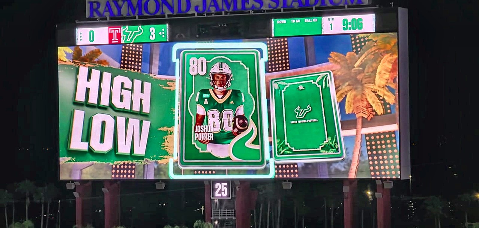 A player card turns and the crowd calls higher or lower