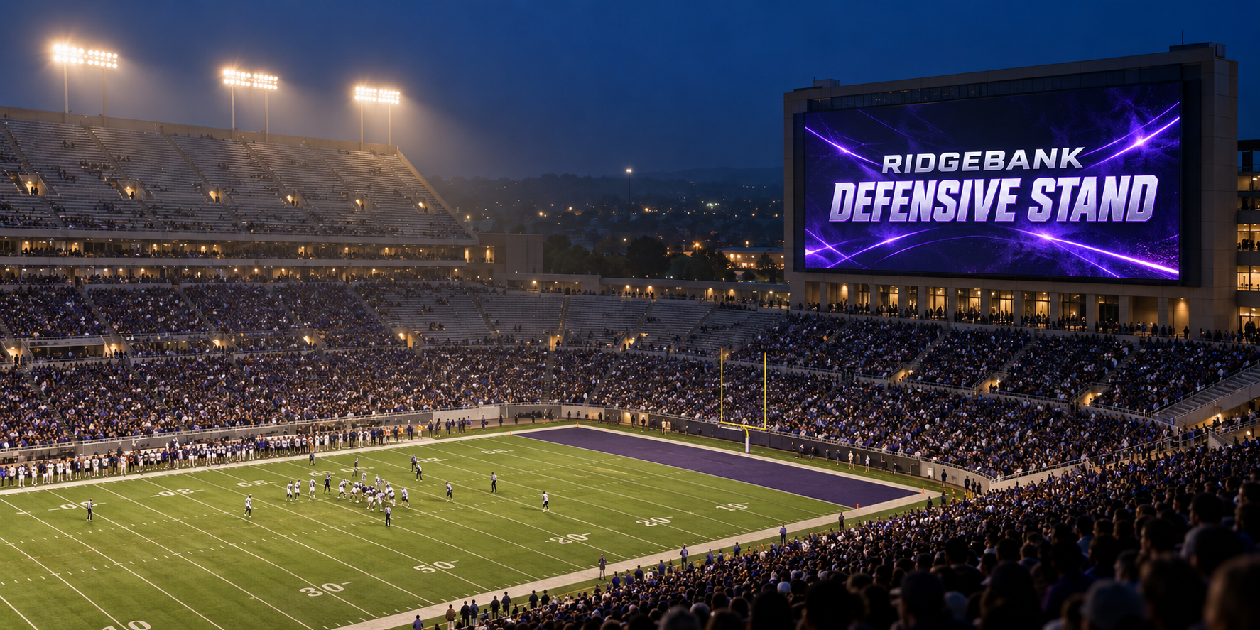 Wide nighttime view of a college football stadium with a partially filled seating bowl and a large videoboard displaying “RIDGEBANK DEFENSIVE STAND” in bold purple graphics.