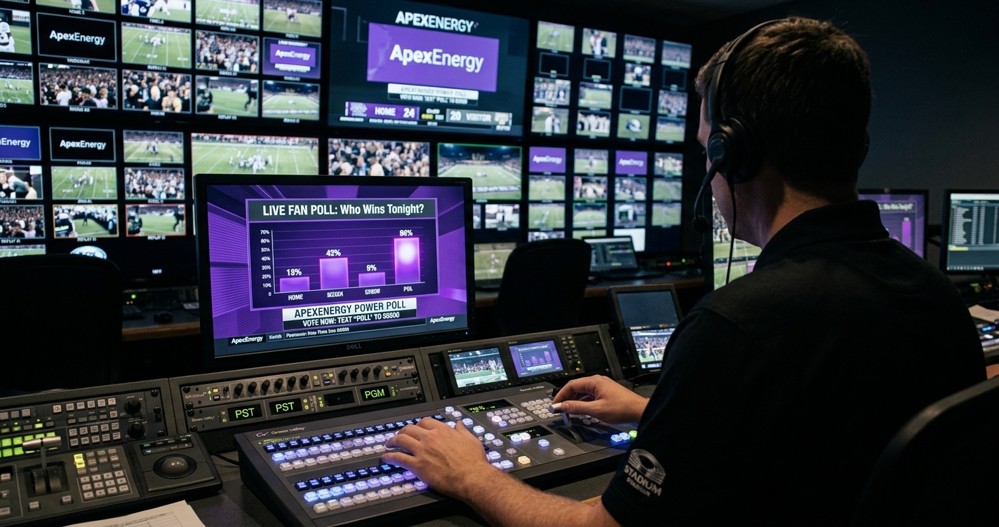 A behind-the-shoulder view of a technician in a dark stadium control room, illuminated by the glow of screens. Their hands are on a complex control console. The main screen shows a real-time graphics template for a live fan poll, accented with purple. In the background, a wall of monitors displays live feeds from a college football game at night. The image conveys a sense of intense focus and advanced technology powering the in-venue fan experience during a live sporting event.