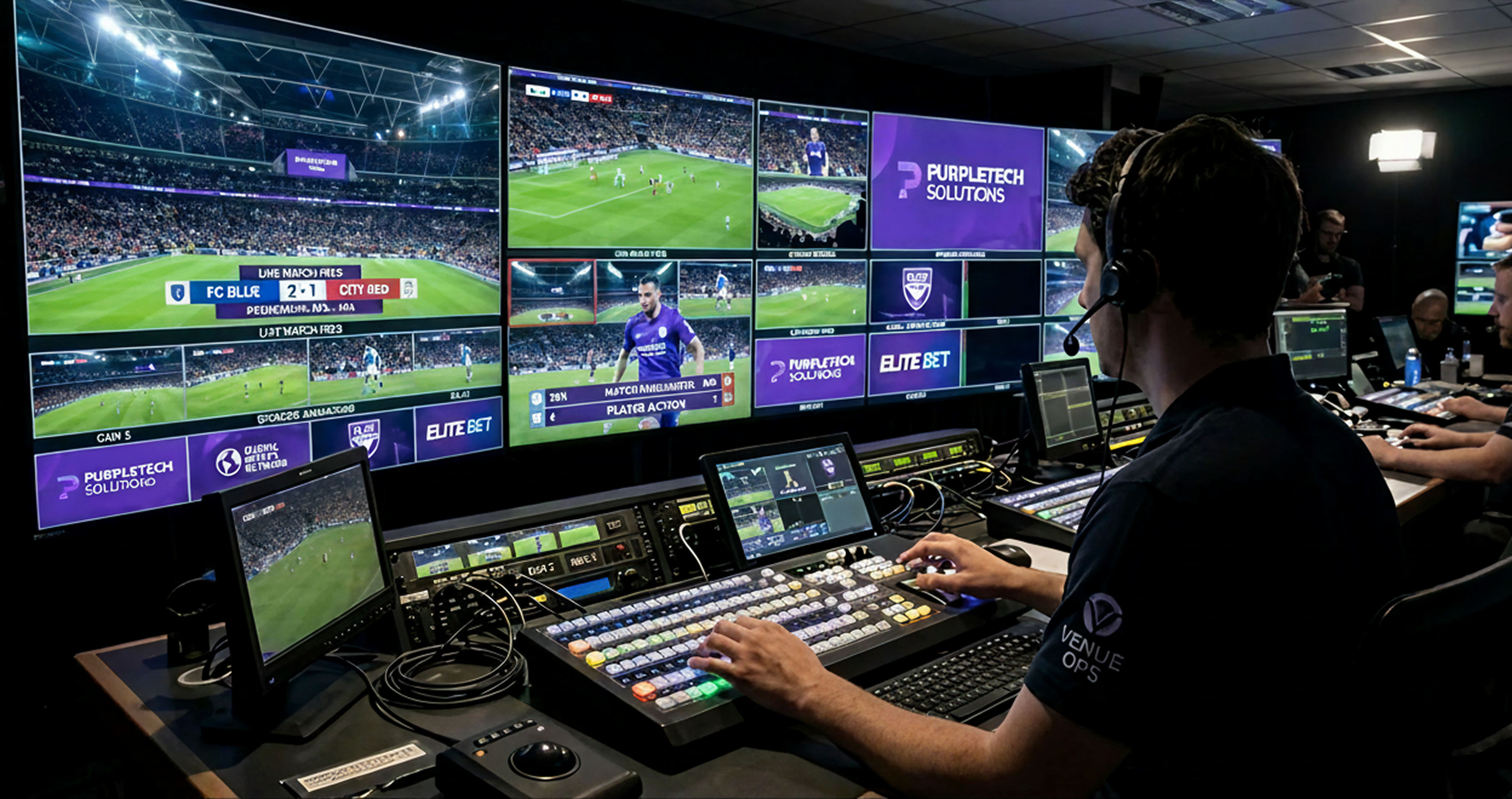 A cinematic, low-light shot from behind an operator in a sports venue control room. The operator is focused on a glowing console, their hands in sharp detail. In front of them, a massive wall of screens displays a live soccer match with vibrant, real-time data graphics and purple-accented sponsor logos. The cool blue and purple light from the screens illuminates the high-tech, professional environment, conveying a sense of intense, in-the-moment live event production. The focus is on the technology and the human element controlling the fan experience.