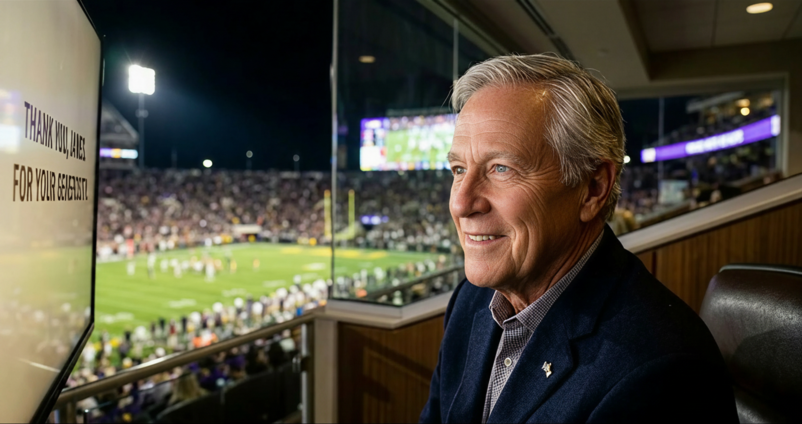 A close-up, cinematic photograph of an older man with gray hair in a luxury stadium suite. He is looking off-camera with a warm, appreciative smile. The primary light source is a screen, casting a soft glow on his face. Through the window behind him, the blurred but recognizable scene of a packed college football stadium at night is visible. The image captures a personal, intimate moment of recognition and value amidst the high energy of a live sporting event, illustrating the impact of personalized donor engagement.
