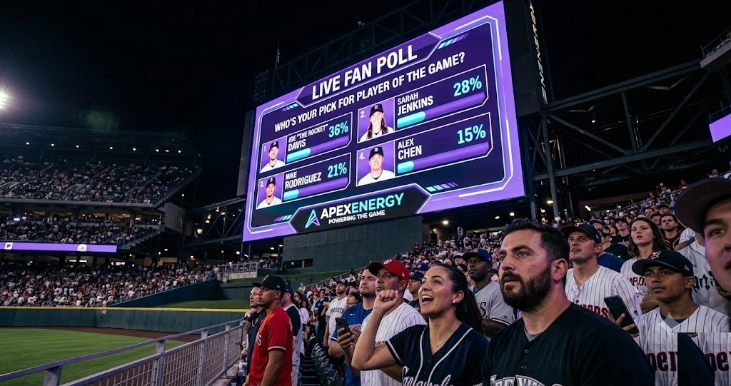 Baseball stadium jumbotron displaying a live fan poll — Who's Your Pick for Player of the Game — sponsored by ApexEnergy, powered by venue4D