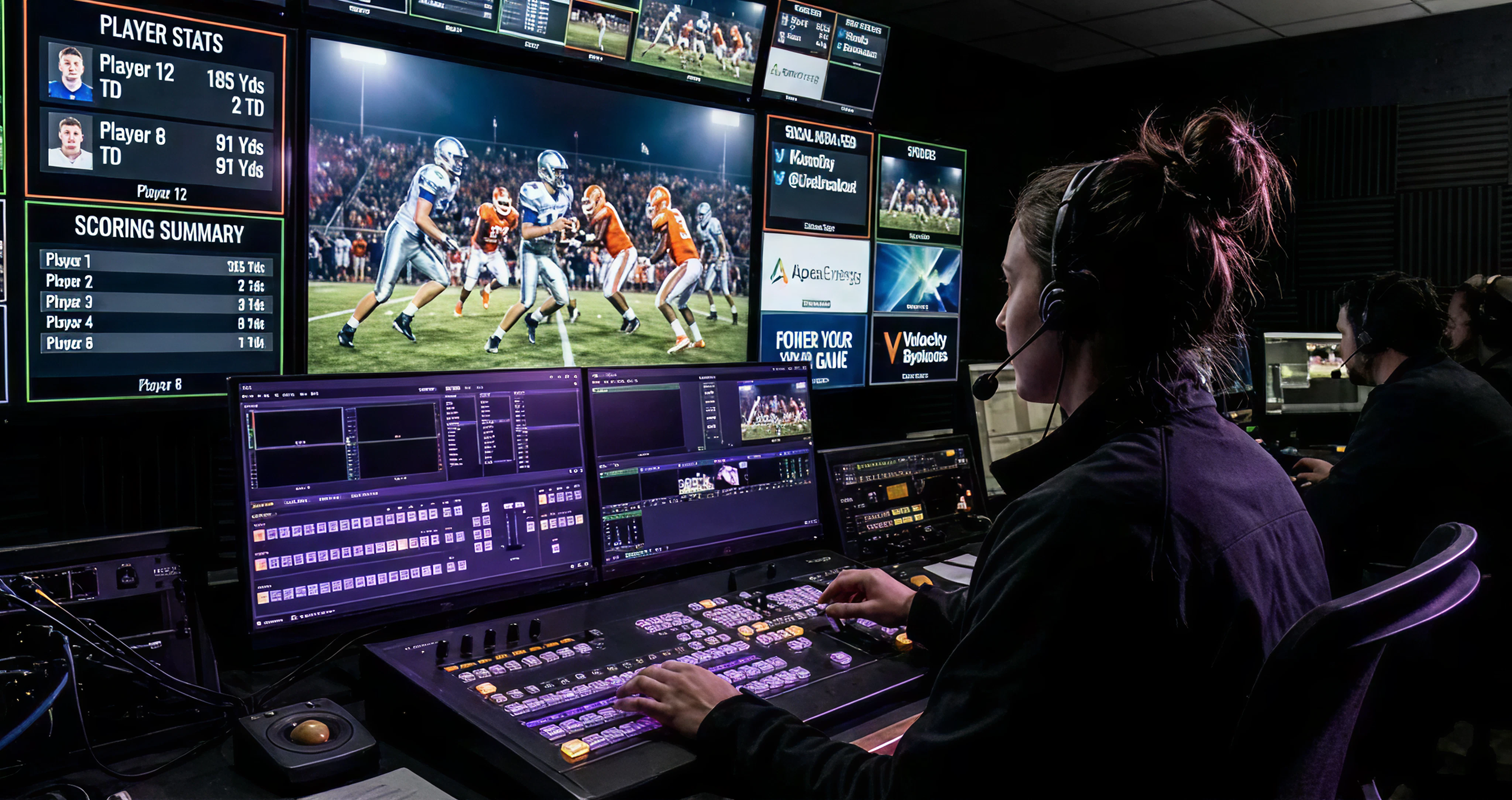 From over the shoulder of an operator, we see a vast wall of screens in a dark sports venue control room. A young woman is focused on a glowing console in the foreground. The main screen shows a live college football game, while smaller screens display data and sponsor graphics. The dominant light is a cool blue and violet glow from the monitors, reflecting on the operator's hands as she works. The image conveys a sense of high-tech focus and control during a live event.