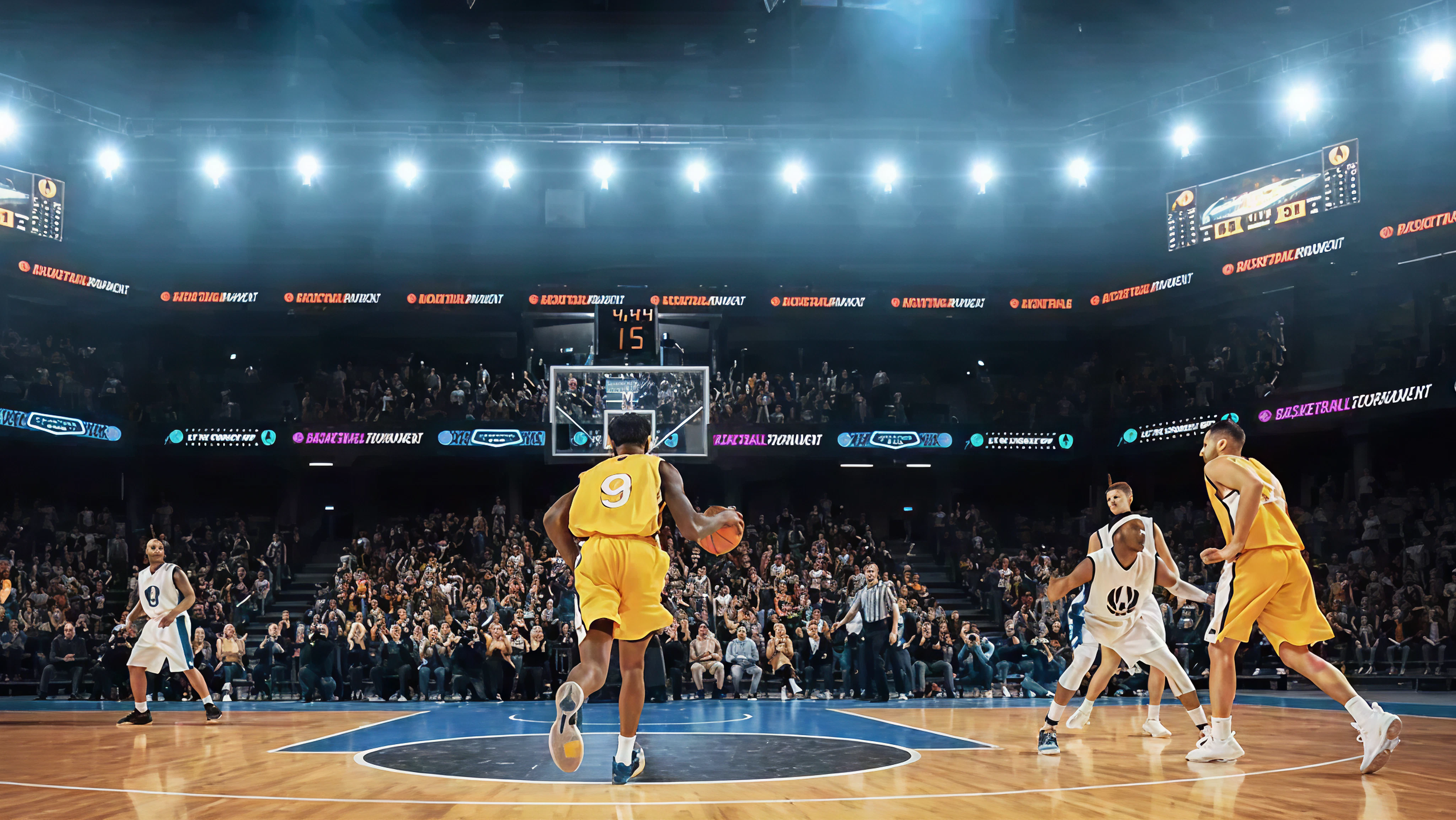 A wide-angle view of a professional basketball arena with sponsor signage