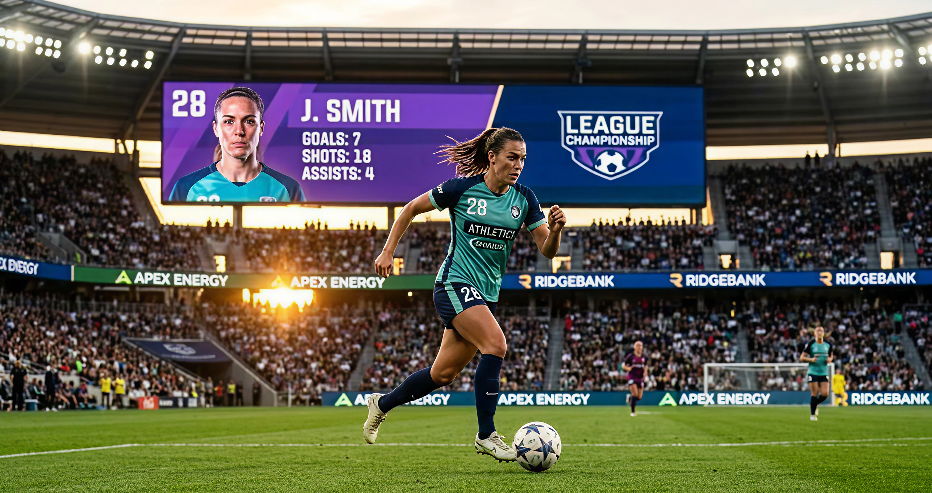A low-angle, cinematic action photo of a female soccer player during a match at golden hour. She is in sharp focus, mid-stride with an intense expression. The stadium lights are beginning to glow, mixing with the warm sunset. In the background, a large, modern videoboard and digital sponsor hoardings are clearly visible, displaying player stats and graphics with purple accents. The image highlights the professional, high-tech atmosphere of a modern sports venue, showcasing an investment in the game-day experience for all sports, not just traditional revenue drivers.