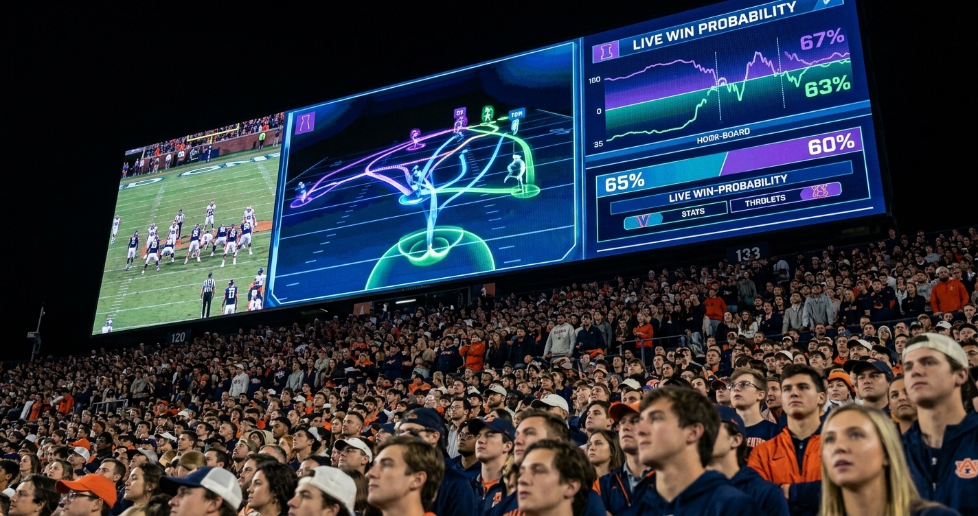 A low-angle, cinematic shot from the crowd of a packed college football stadium at night, looking up at a massive jumbotron. The huge screen displays advanced, real-time graphics with player-tracking data and statistics glowing in white and purple. The screen’s light illuminates the faces of thousands of mesmerized fans in the foreground who are looking up at the display. The atmosphere is electric and high-tech, emphasizing a modern in-venue experience designed to compete with a television broadcast. The image is ultra-sharp and highly detailed.