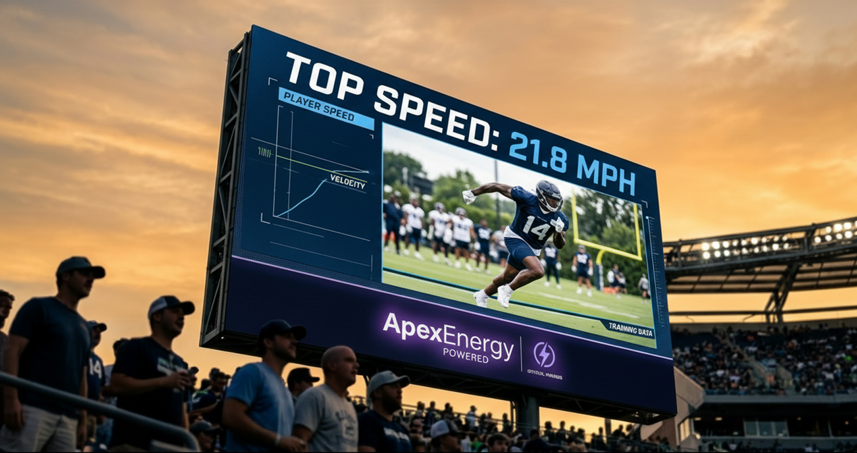 A low-angle, cinematic photograph of a massive stadium jumbotron during a golden-hour football practice. The screen is the clear focus, displaying a sleek graphic that reads 