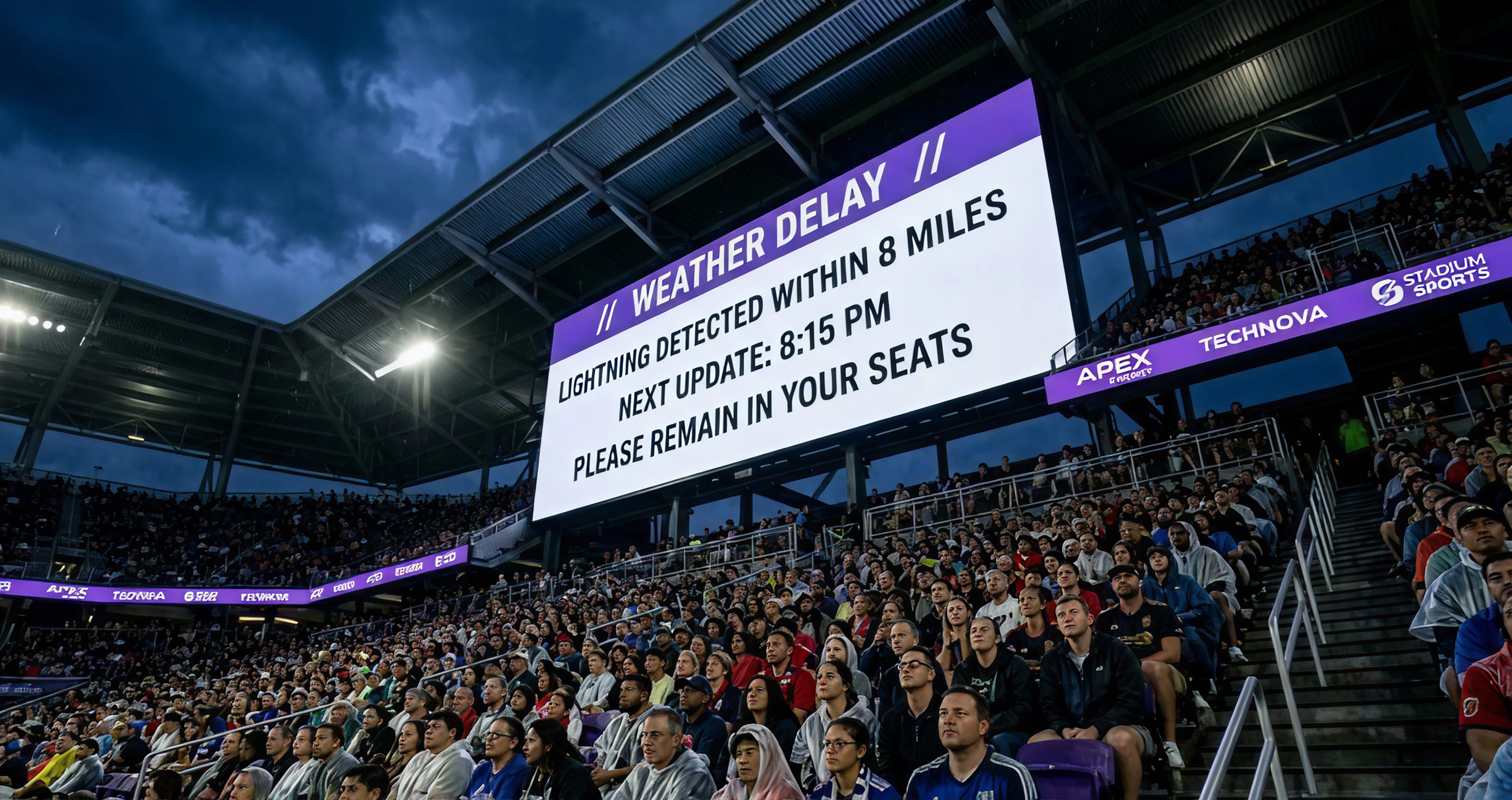 A low-angle view of a massive jumbotron in a soccer stadium at twilight under stormy skies. The screen displays a 
