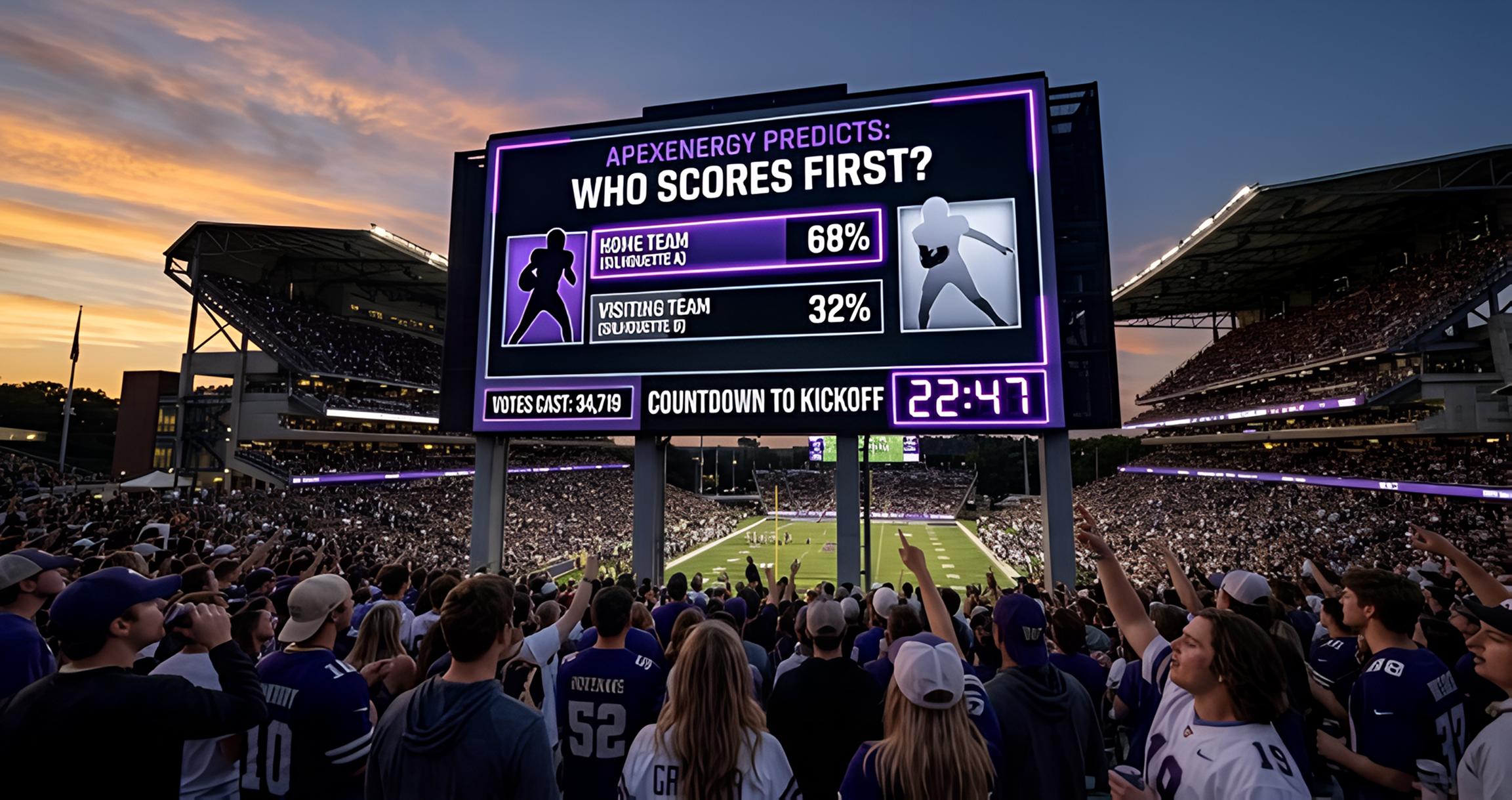 A low-angle, cinematic photograph of a massive jumbotron inside a college football stadium at dusk. The screen is the focal point, displaying a live fan poll asking 
